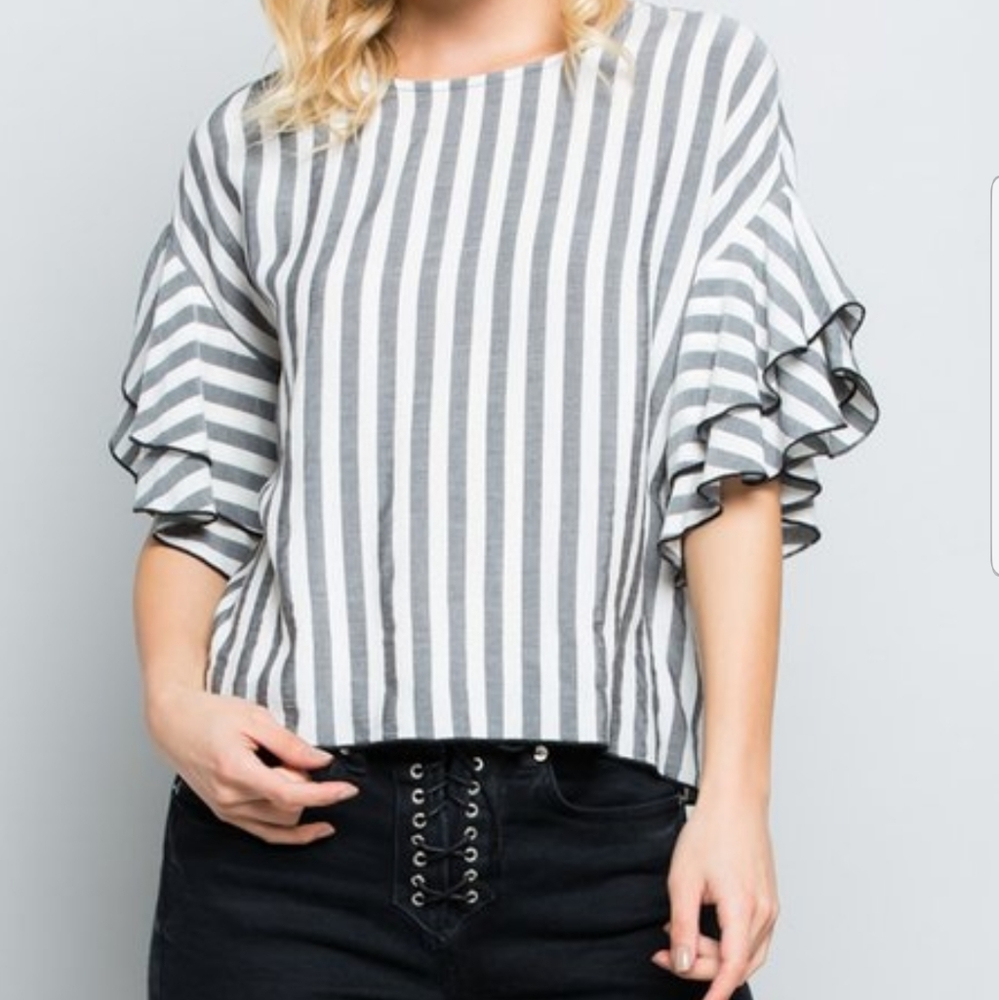 ๐3/$15 Vici Blue & white striped top with flutter sleeve - Picture 1 of 6